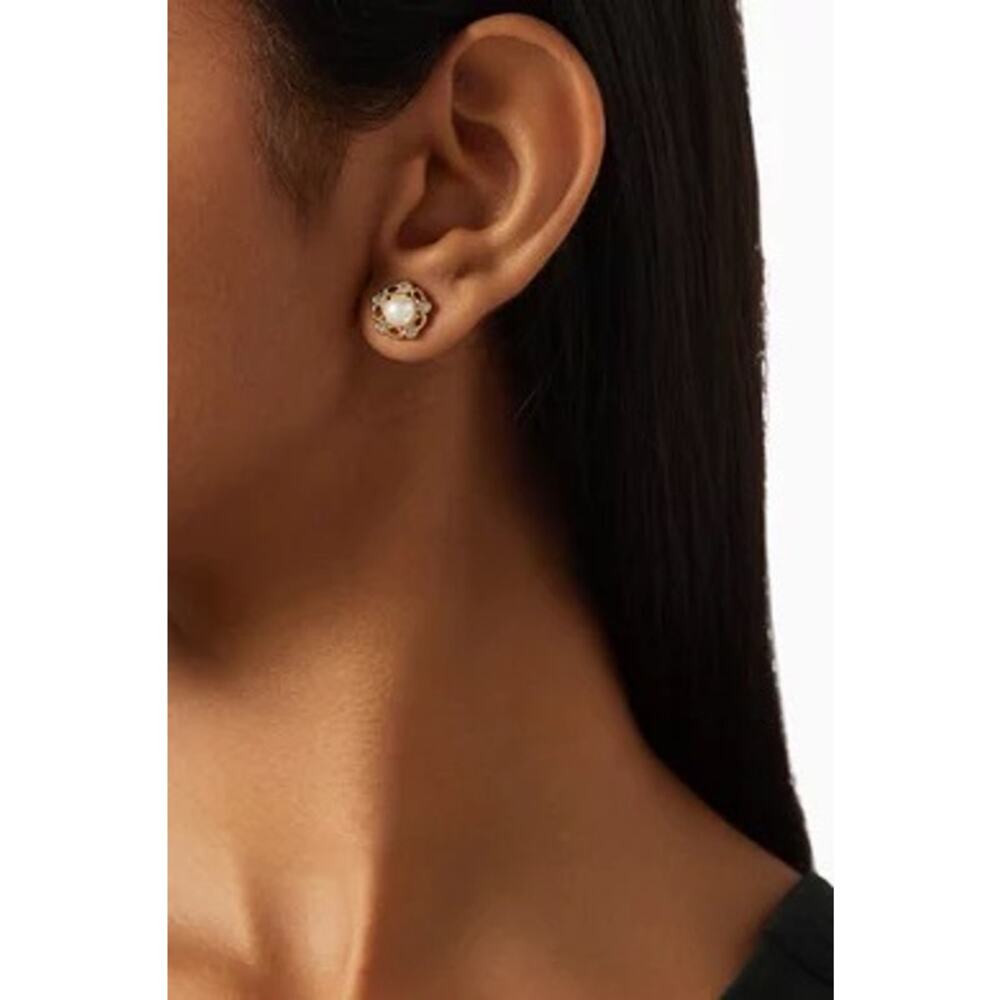 Coach Gold Tone Faux Pearl Rhinestone Stud Earrings Classic Floral Halo